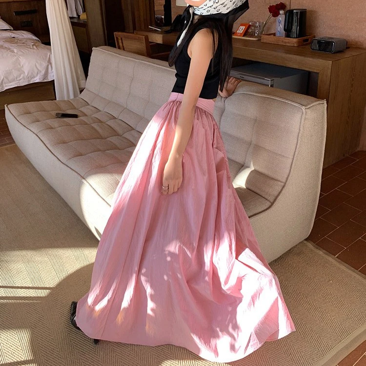 时尚百搭大摆a字裙子粉色伞裙白色半身裙女夏设计感小众显瘦长裙