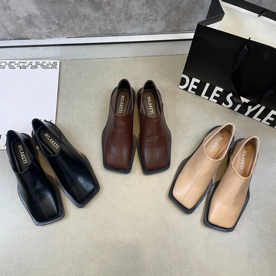 2024年秋冬新款气质简约百搭方头一脚蹬套脚深口全包低跟软底单鞋