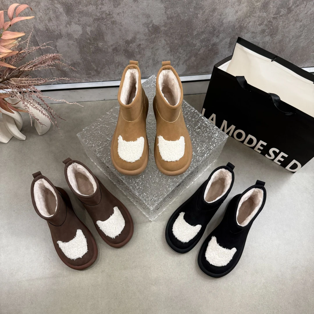 2024年冬季新款加绒气质感简约时尚低跟拼接休闲百搭时髦软底靴子