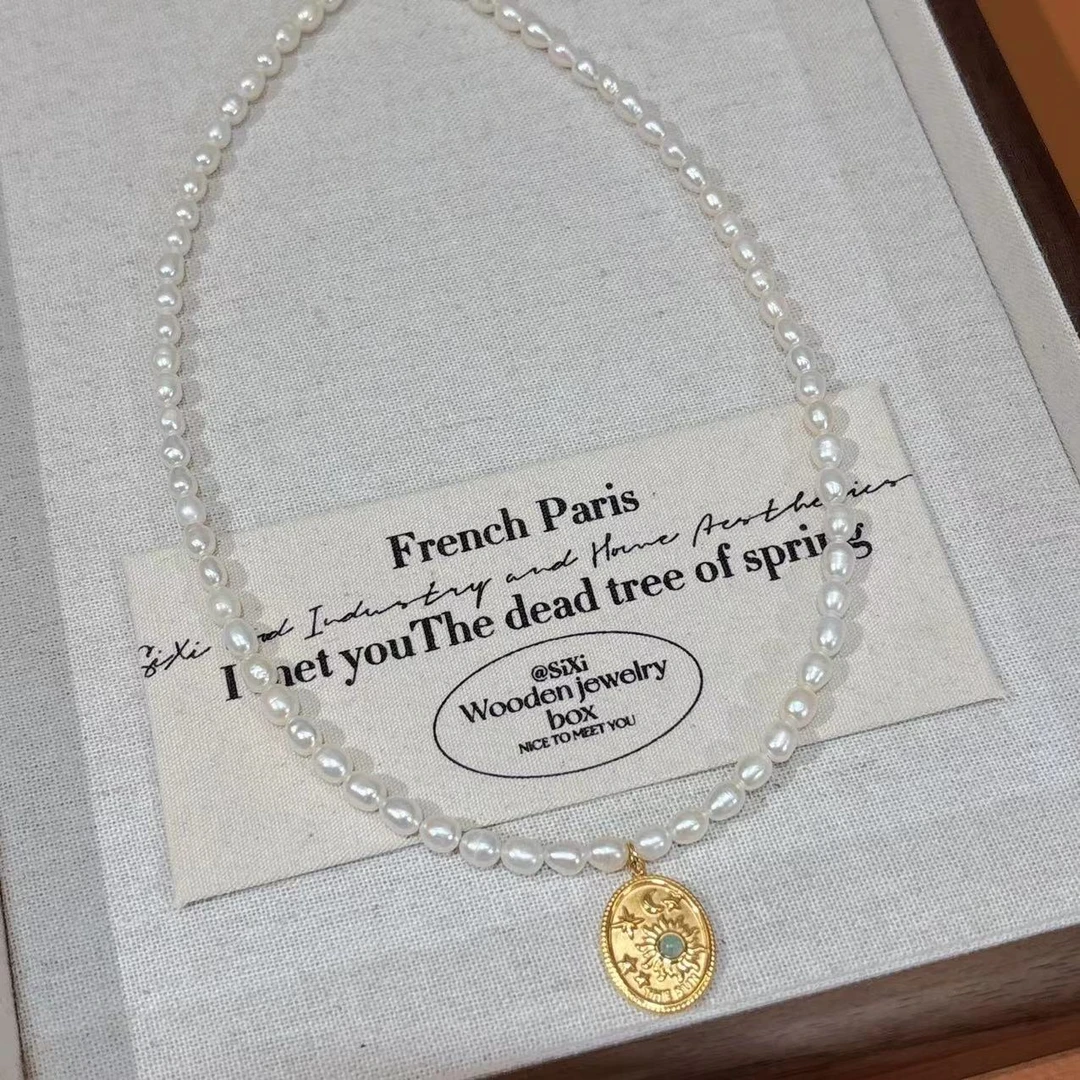 华梵古洛123天然原创设计珍珠项链百搭复古女王法式中古镶嵌圆牌