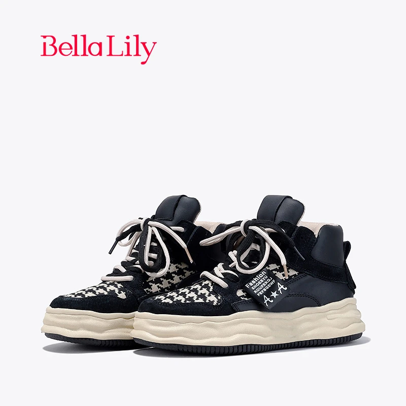 BellaLily2024春季新款双系带拼色溶解鞋女街头风板鞋潮酷高帮鞋