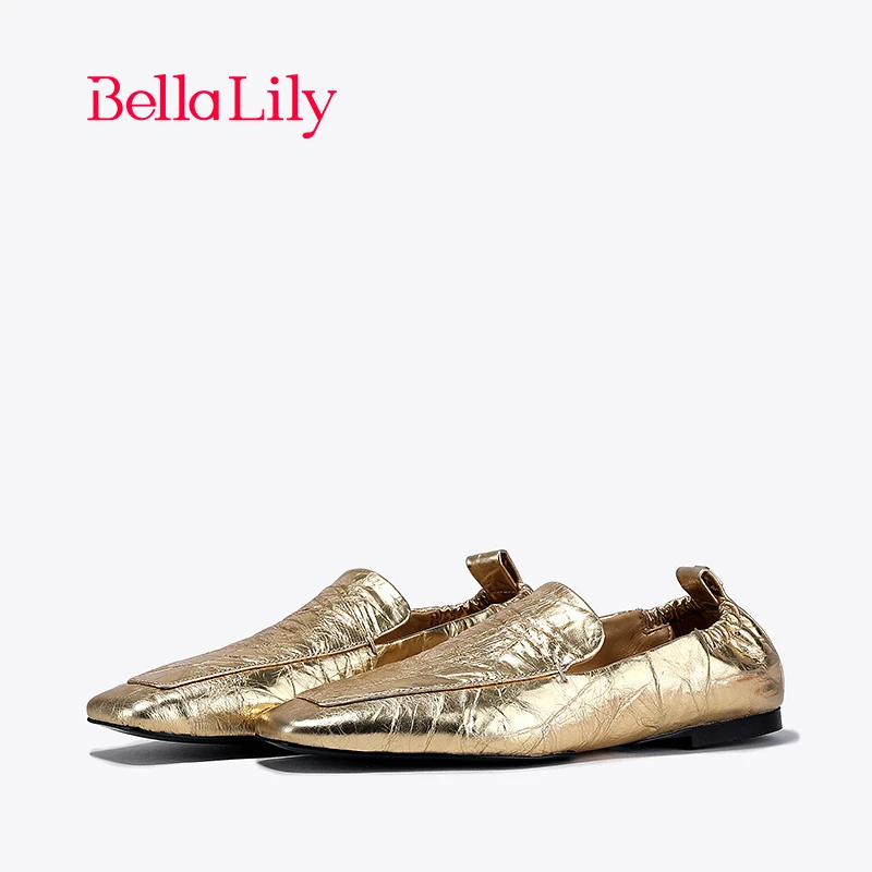 BellaLily2024春季新款一脚蹬褶皱小皮鞋女潮流平底鞋金色单鞋子