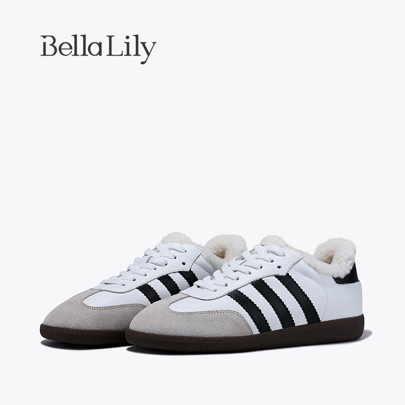 BellaLily2023冬季新款加绒加厚小白鞋女毛毛板鞋显脚小休闲鞋子