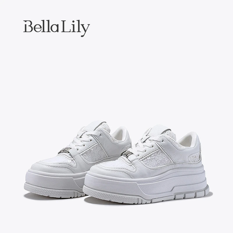BellaLily2024春季新款亮片潮流板鞋女厚底百搭休闲鞋増高运动鞋