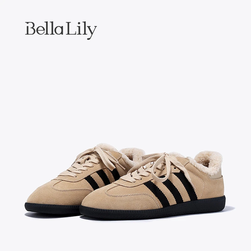 BellaLily2023冬季新款平底德训鞋女加绒板鞋保暖休闲鞋子
