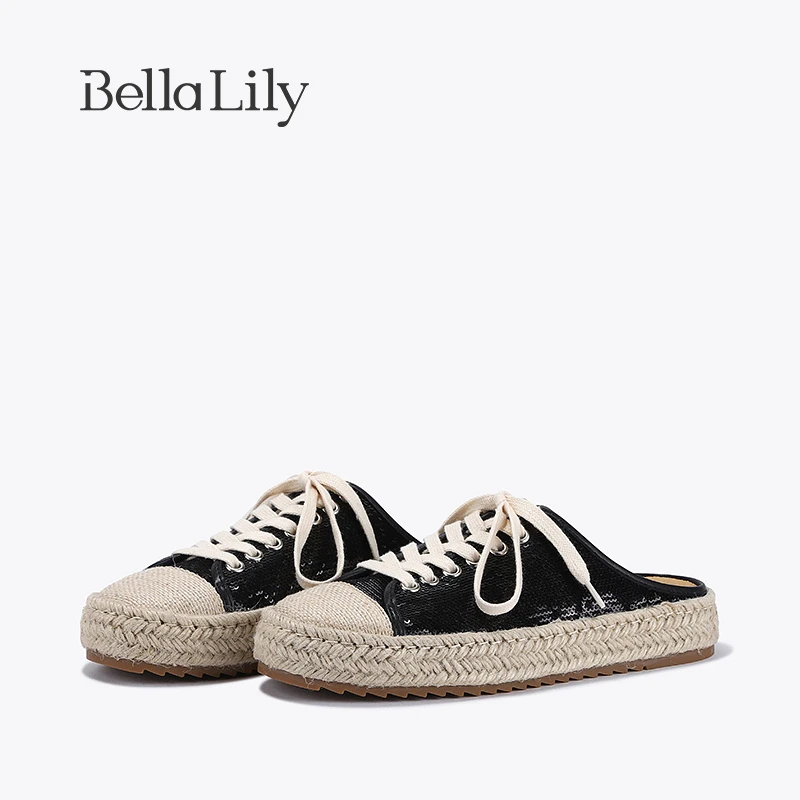 BellaLily2023早秋新款麻绳编织半包拖鞋女亮片渔夫鞋一脚蹬板鞋