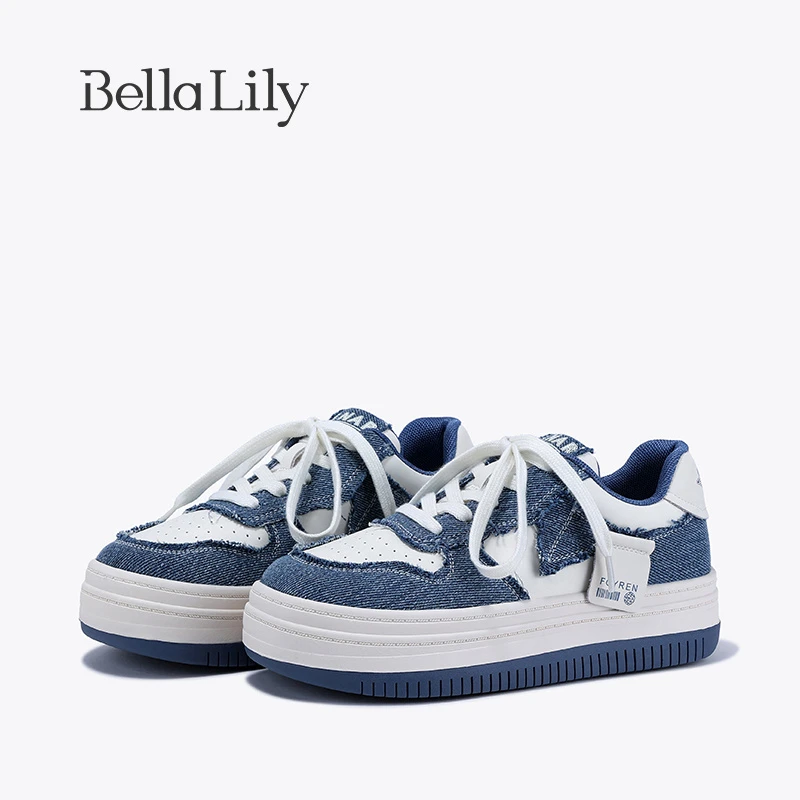 BellaLily2023早秋新款牛仔布增高板鞋女潮流休闲鞋透气松糕鞋子