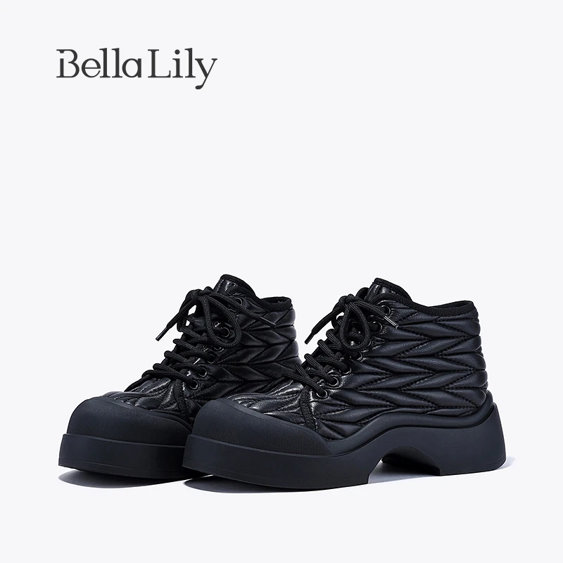BellaLily2023冬季新款褶皱羊皮高帮鞋女欧美大头鞋舒适运动鞋子