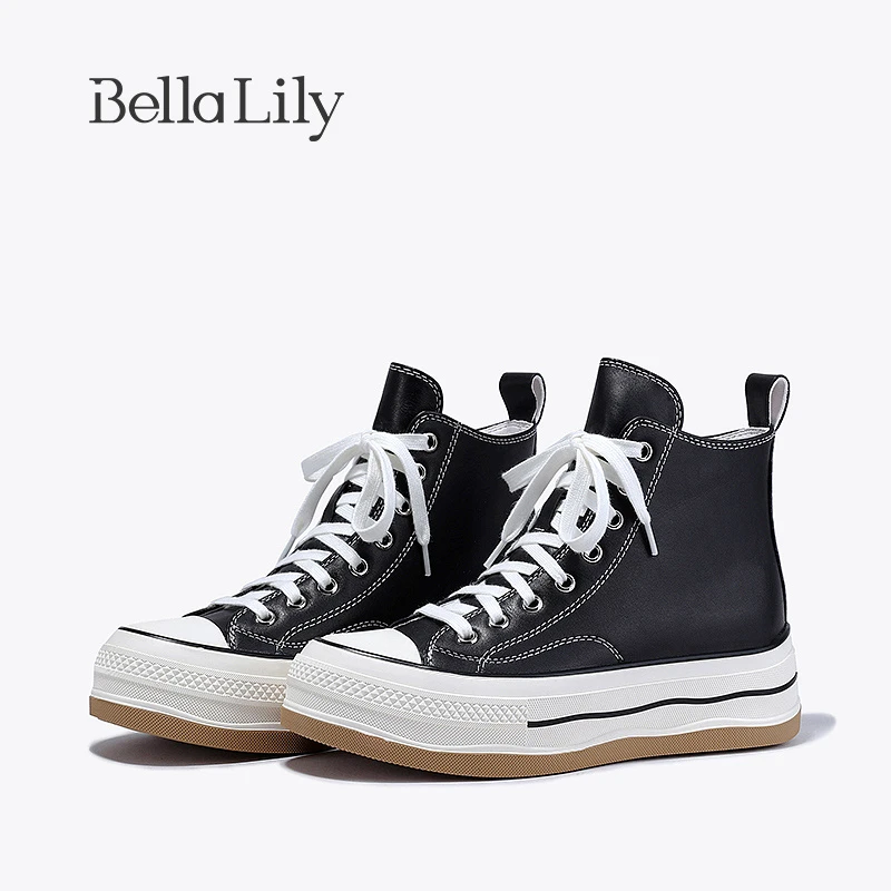 BellaLily2023秋季新款牛皮透气高帮鞋女增高街拍板鞋时尚休闲鞋