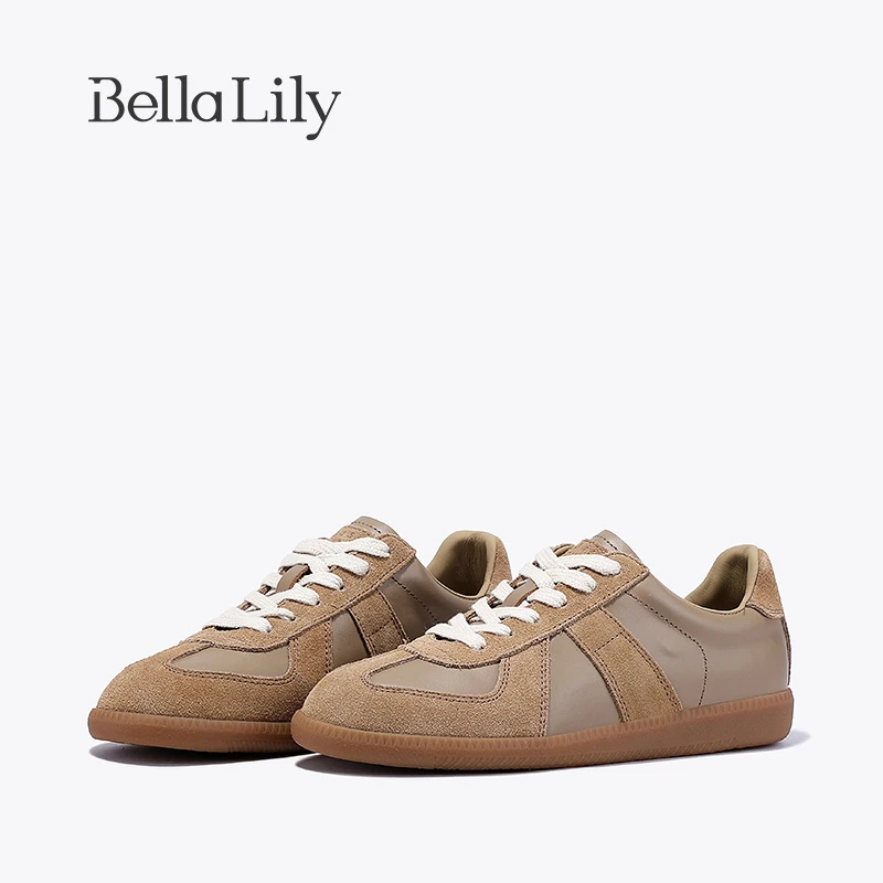 BellaLily2023秋季新款复古牛皮德训鞋女显脚小板鞋显瘦休闲鞋子