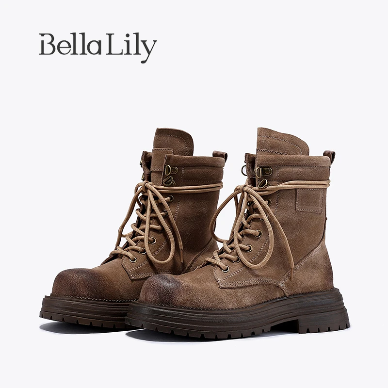 BellaLily2024秋冬新款潮牌复古马丁靴女牛皮中筒靴工装机车靴子