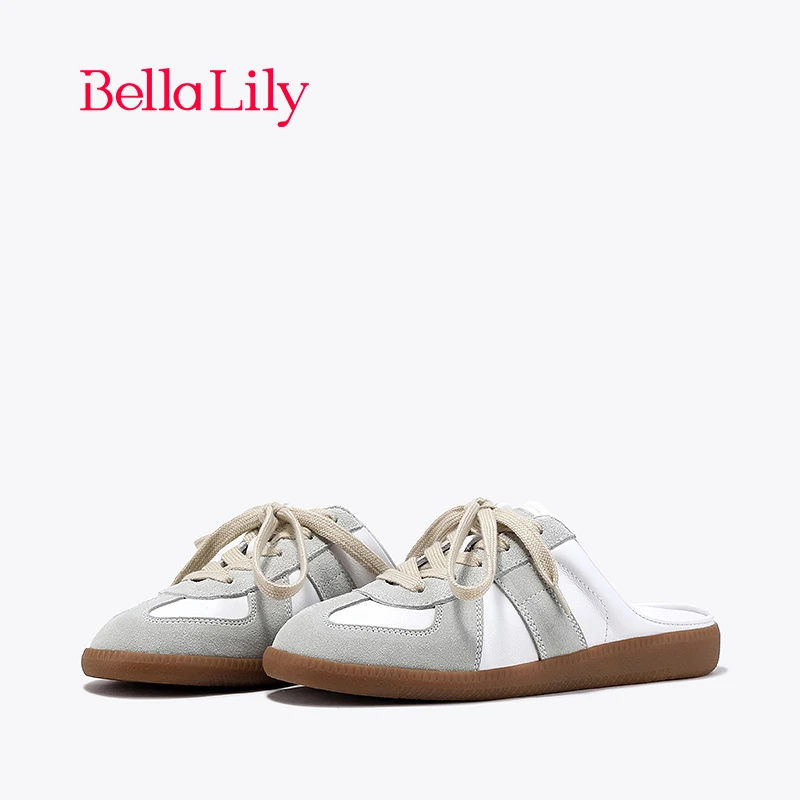 BellaLily2024春季新款舒适外穿半包拖鞋女潮流德训鞋牛皮平底鞋