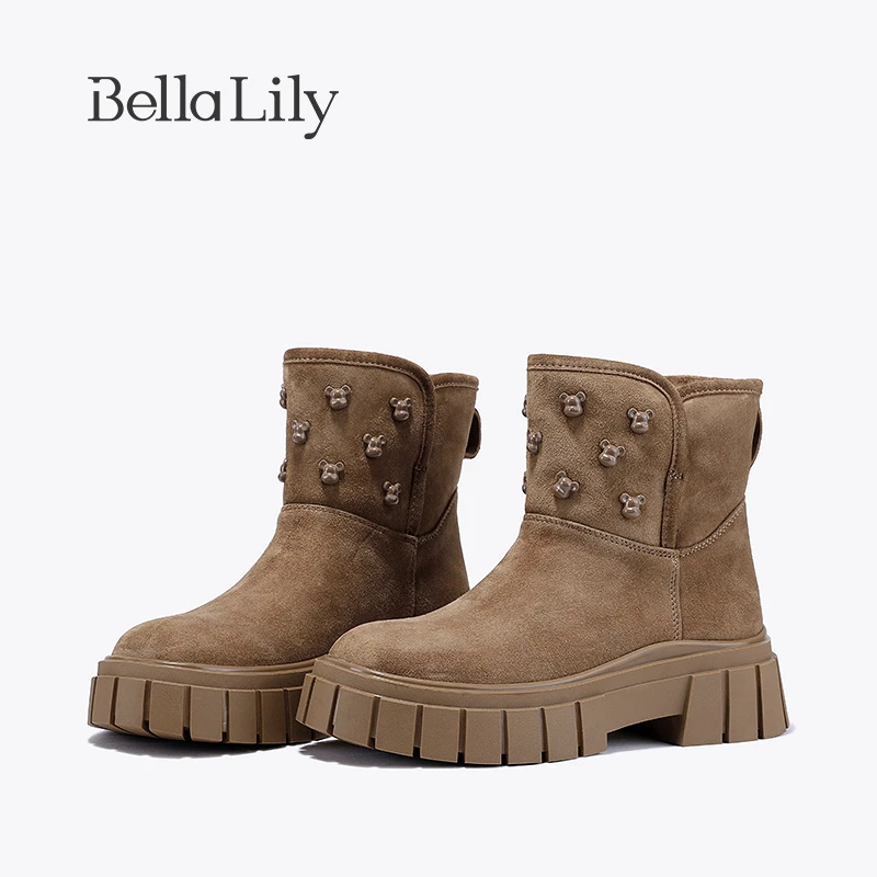 BellaLily2023冬季新款时尚小熊雪地靴女加绒瘦瘦靴厚底时装棉靴