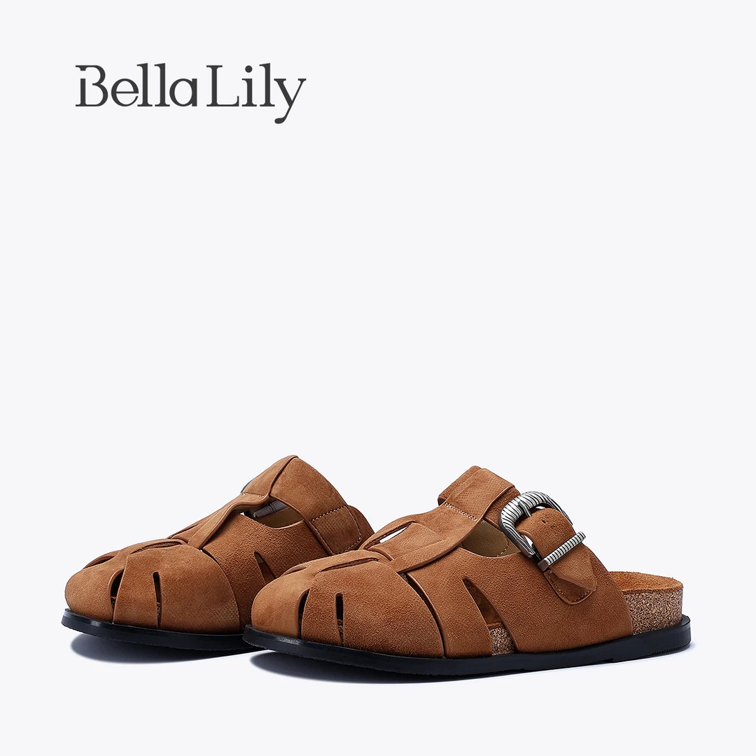 BellaLily春季新款牛皮编织半包拖鞋女一脚蹬单鞋外穿休闲鞋