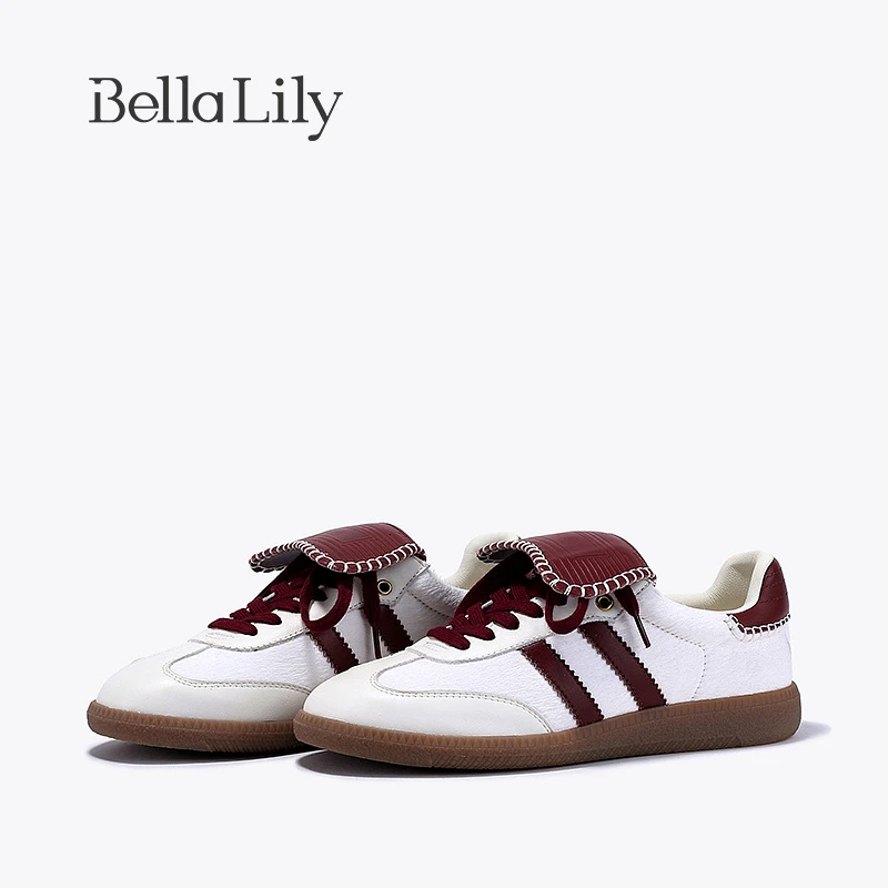 BellaLily2024春季新款复古高级感德训鞋女潮流板鞋牛皮平底鞋子