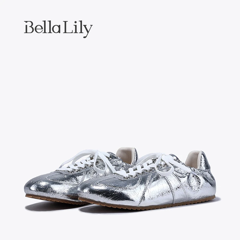 BellaLily2023冬季新款金属银牛皮德训鞋女轻便平底鞋软底板鞋子