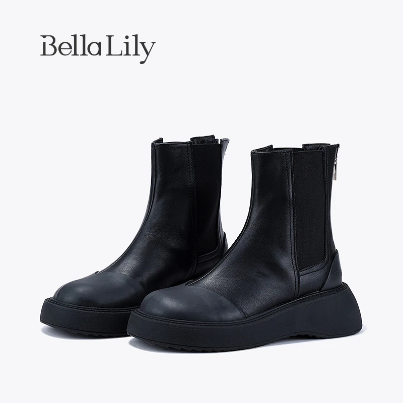 BellaLily2024初秋新款后拉链切尔西靴女休闲瘦瘦靴牛皮中筒靴子
