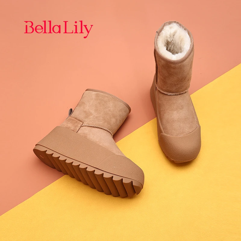 BellaLily冬季新款羊皮毛一体雪地靴女增高中筒靴保暖时装靴