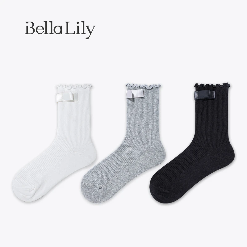 BellaLily初秋无骨蝴蝶结花边中筒袜女棉袜吸汗休闲袜子