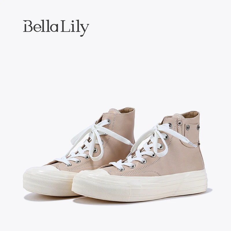 BellaLily2023初秋新款街头风牛皮高帮鞋女显瘦板鞋减龄休闲鞋子