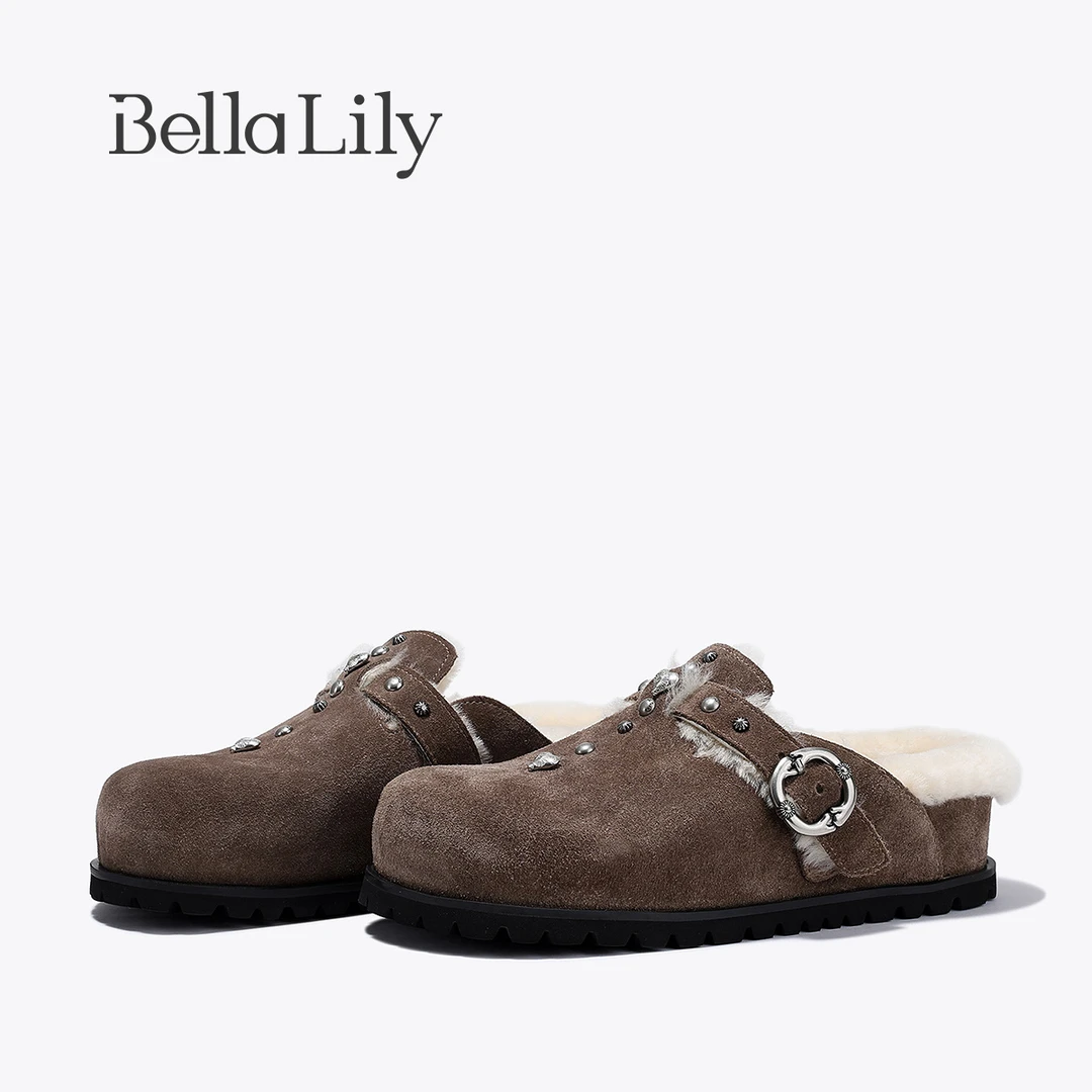 BellaLily新款秋冬半包头拖鞋女外穿加绒增高无后跟小皮鞋女