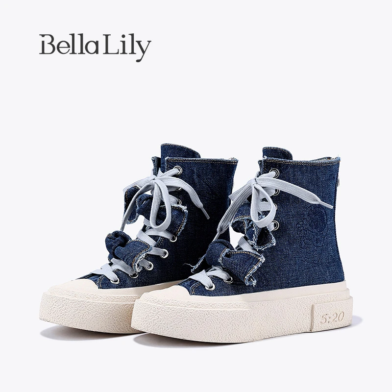 BellaLily2023早秋新款后拉链中筒靴女牛仔布高帮鞋蝴蝶结帆布鞋