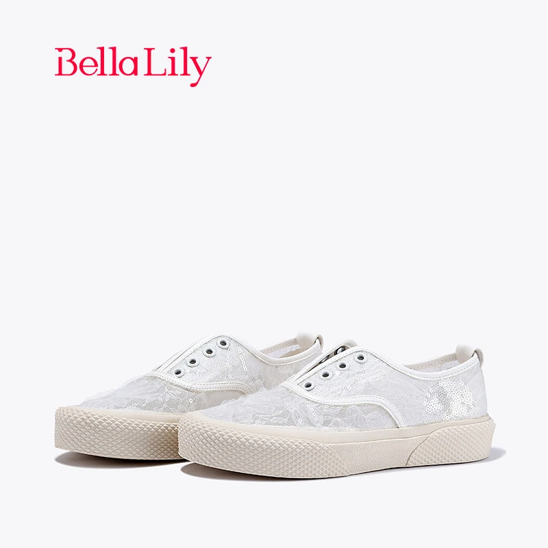 BellaLily2024春季新款透气薄款板鞋女网纱温柔休闲鞋甜美小白鞋