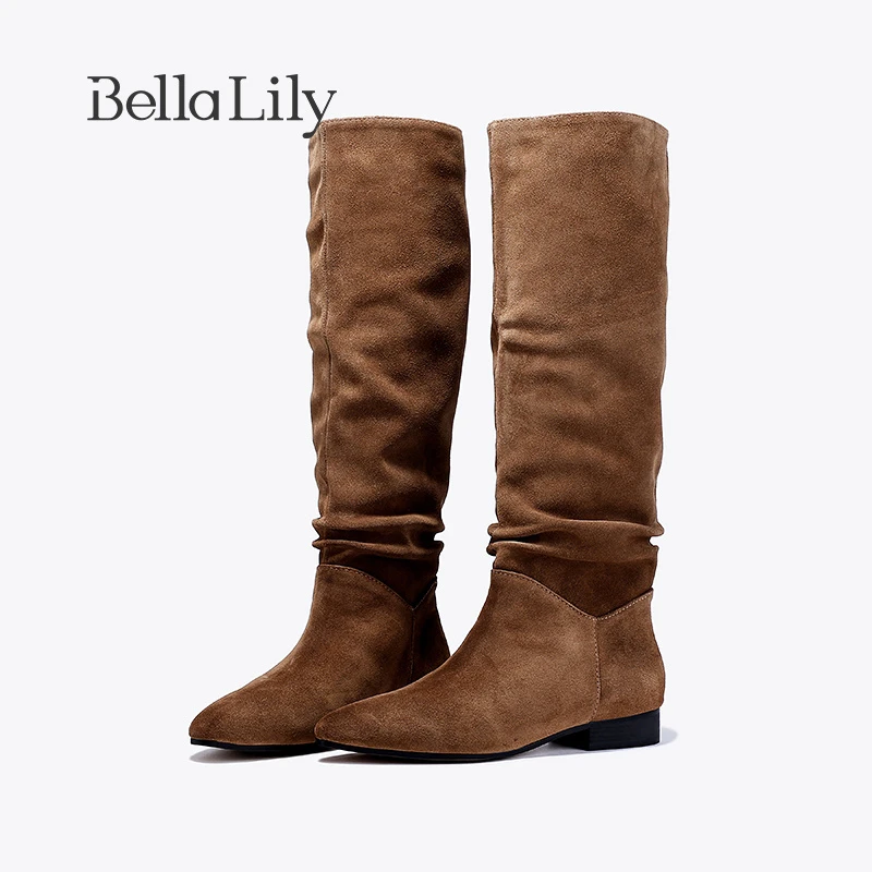 BellaLily秋冬复古美拉德长筒堆堆靴时尚尖头高靴复古显瘦骑士靴