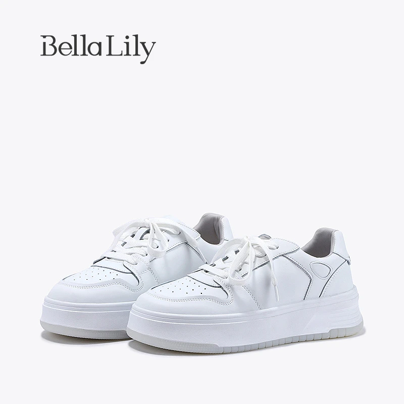 BellaLily2023夏新款百搭牛皮小白鞋女厚底舒适板鞋透气休闲鞋子