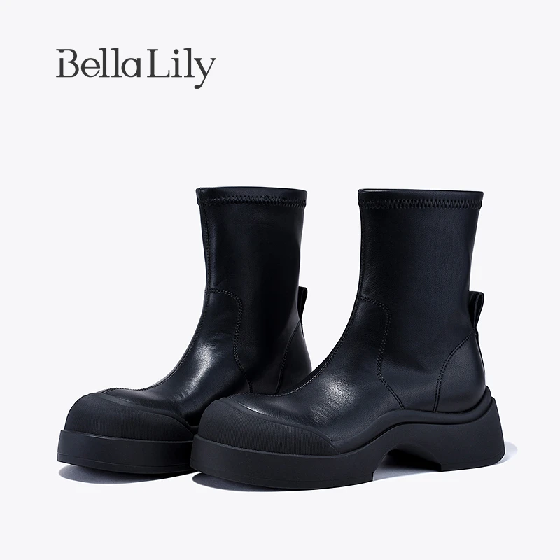 BellaLily秋季厚底贝壳圆头中筒靴女时装靴气质显瘦英伦风弹力靴