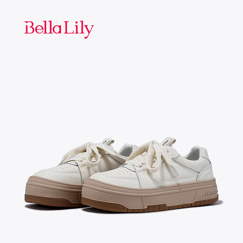 BellaLily2024春季新款厚底牛皮板鞋女增高休闲鞋透气运动小白鞋
