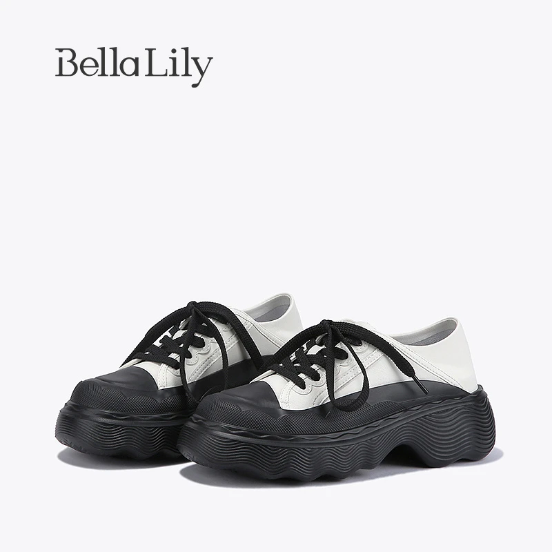 BellaLily2023夏新款可踩后跟松糕鞋女两穿牛皮休闲鞋增高丑萌鞋