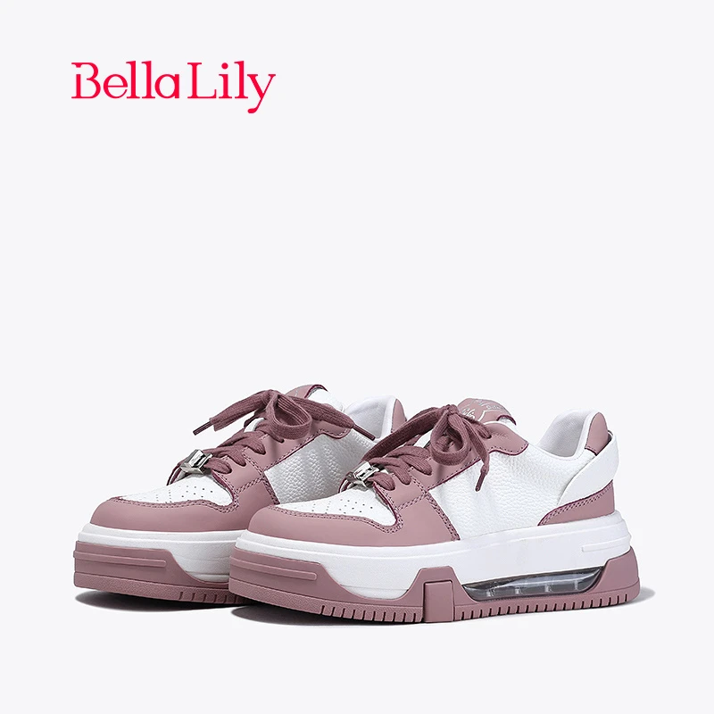 BellaLily2024春季新款气垫厚底松糕鞋女牛皮休闲鞋拼色增高板鞋