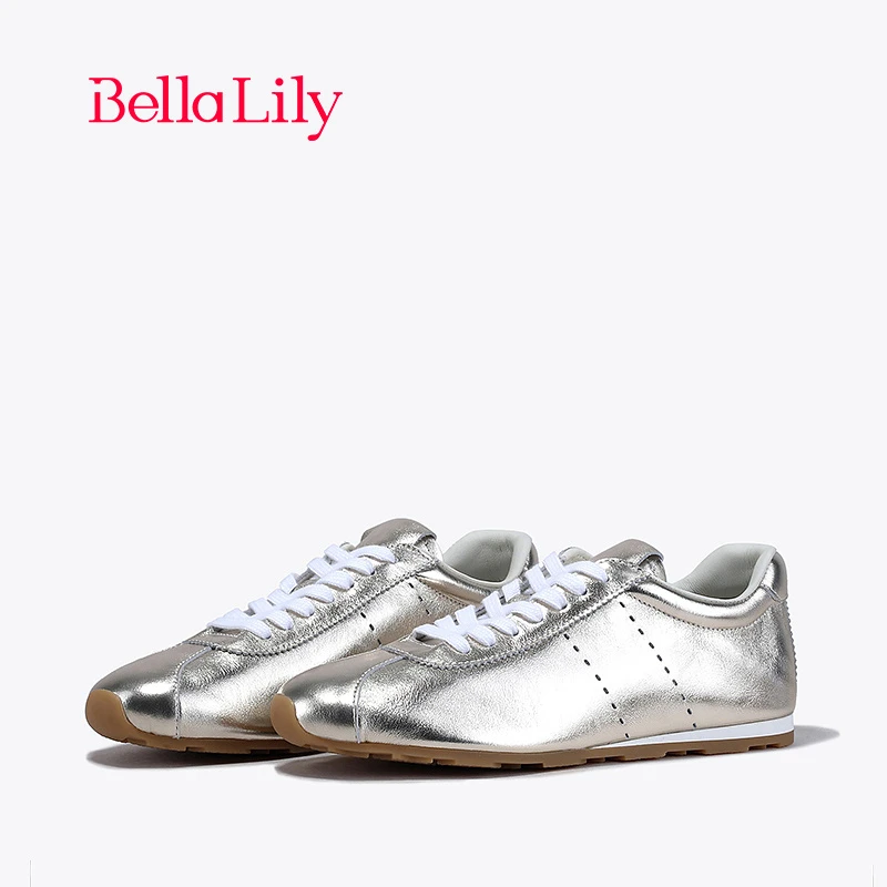 BellaLily春季新款软底牛皮德训鞋女潮流低帮平底鞋百搭板鞋