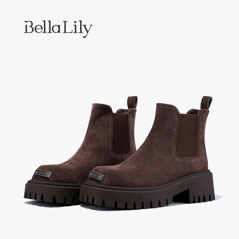 BellaLily2023冬季新款增高牛皮切尔西靴女复古短靴气质瘦瘦靴子