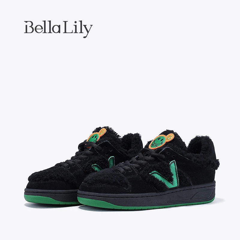 BellaLily冬季新款复古保暖毛毛鞋女加绒舒适板鞋潮流休闲鞋