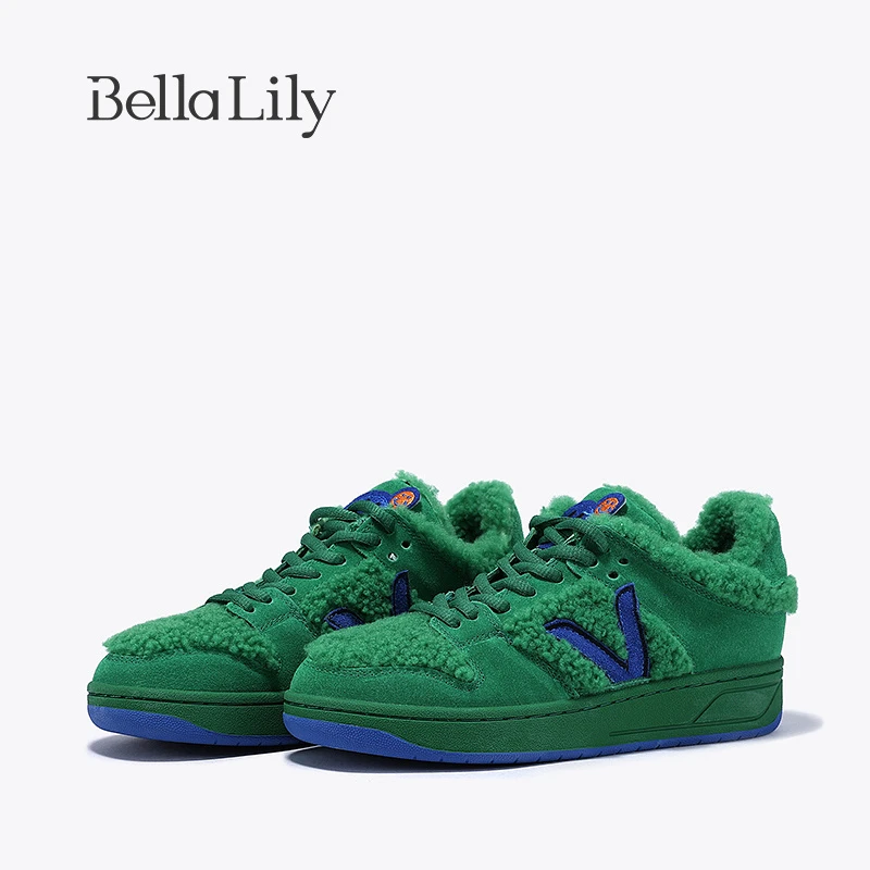 BellaLily冬季新款加绒加厚毛毛鞋女保暖系带板鞋舒适休闲鞋