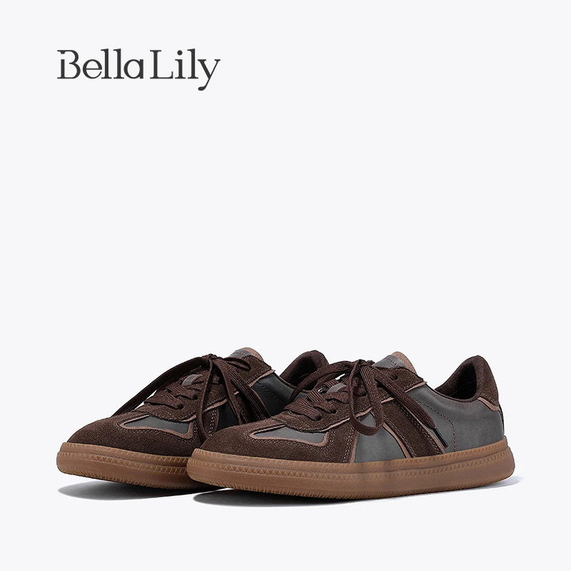BellaLily2023冬季新款显脚小牛皮德训鞋女百搭板鞋减龄平底鞋子