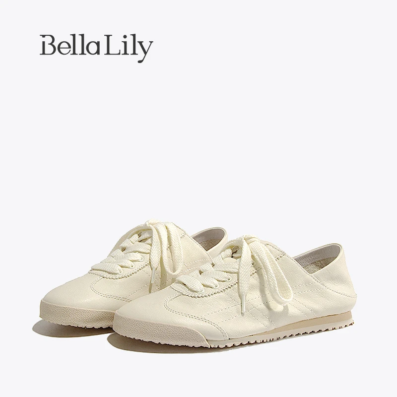 BellaLily冬季新款牛皮低帮德训鞋女可踩后跟平底鞋时尚板鞋