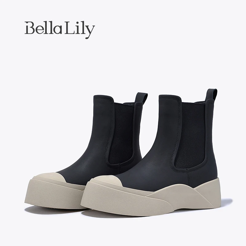 BellaLily2023早秋新款复古牛皮切尔西靴女时尚中筒靴透气瘦瘦靴