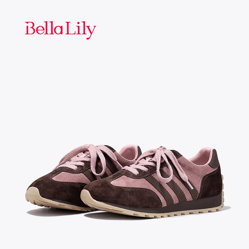 BellaLily2024春季新款百搭拼色阿甘鞋女牛皮平底鞋透气运动鞋子