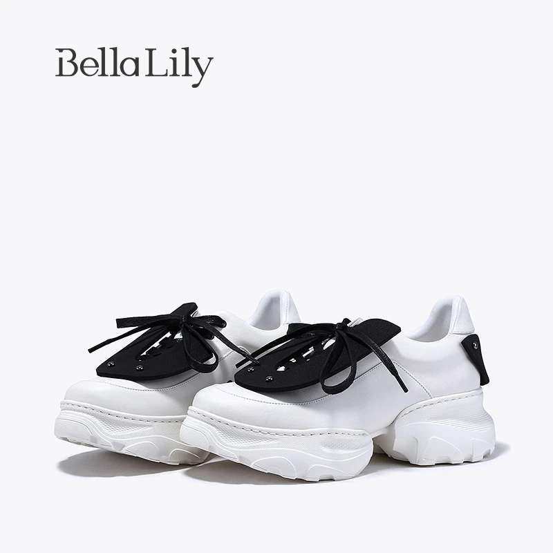 BellaLily2023初秋新款时尚牛皮老爹鞋女透气小白鞋增高松糕鞋子