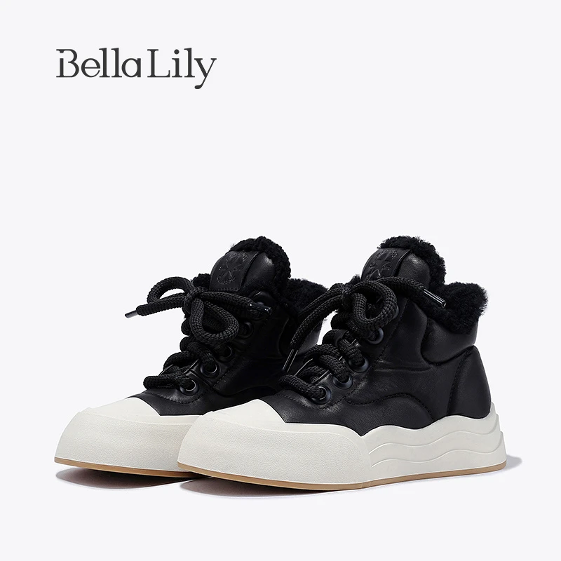 BellaLily2023冬季新款加绒加厚高帮鞋女波浪厚底板鞋毛毛休闲鞋
