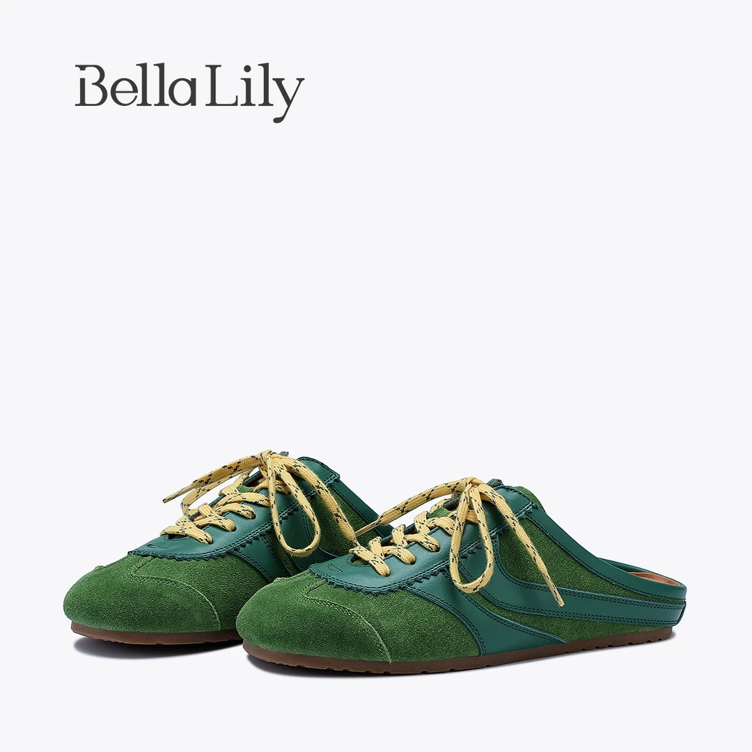 BellaLily2024夏季新款牛皮轻便半包拖鞋女休闲德训鞋懒人平底鞋