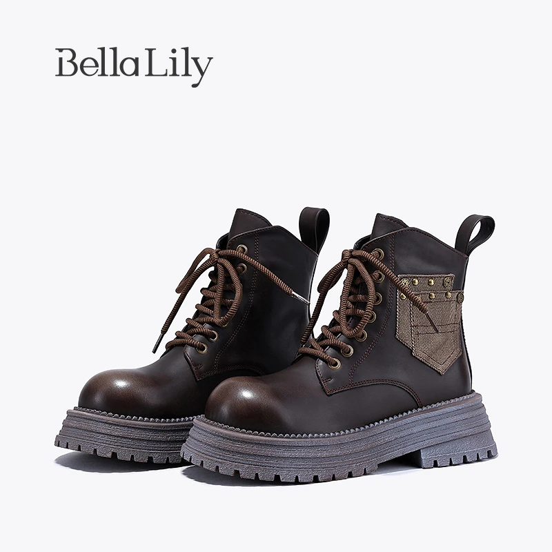 BellaLily2023秋季新款潮流口袋马丁靴女复古短筒靴休闲工装靴子