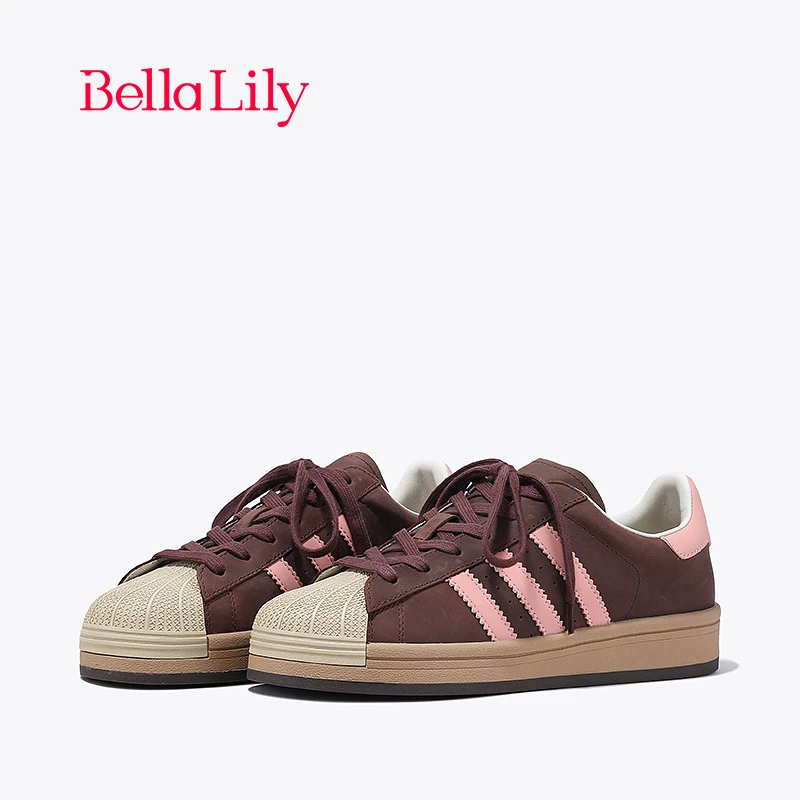 BellaLily2024春季新款拼色三条杠板鞋女牛皮休闲鞋贝壳头运动鞋