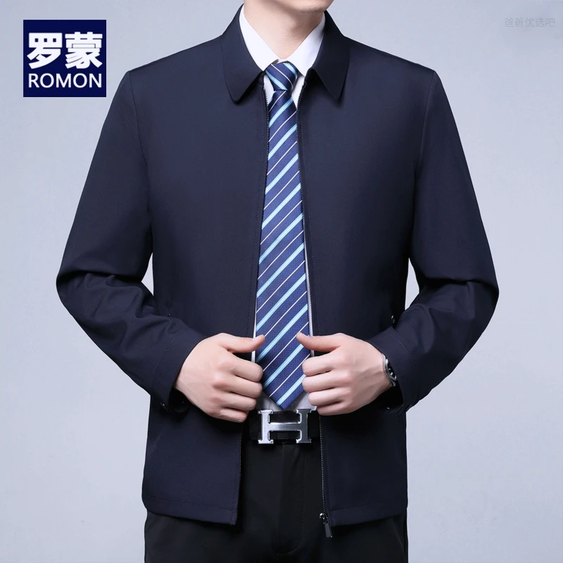 罗蒙男士商务行政夹克外套高档春夏季翻领宽松薄款爸爸男装夹克
