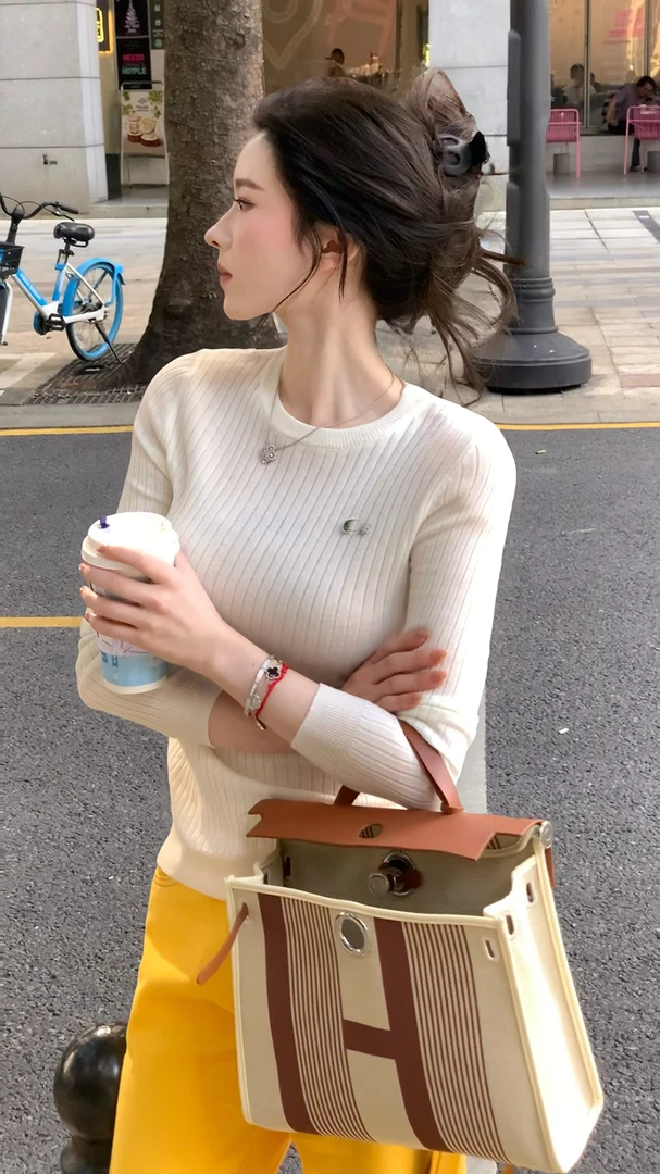 2024秋季新款百搭简约修身显瘦薄款针织套头打底衫女圆领长袖上衣