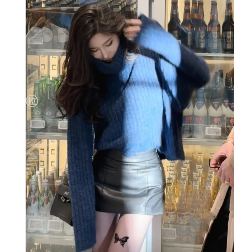 韩系秋冬慵懒风时尚简约套头高领软糯宽松毛衣搭辣妹百搭皮裙裤