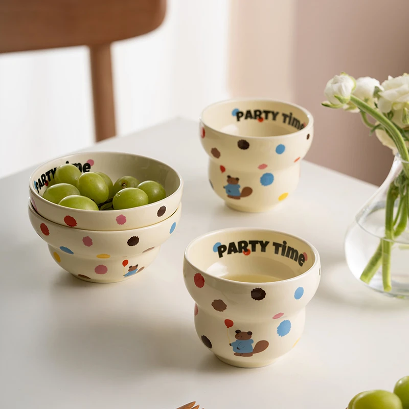 肆月童谣撞色波点饭碗家用彩色餐具陶瓷碗吃饭小碗高颜值的米饭碗